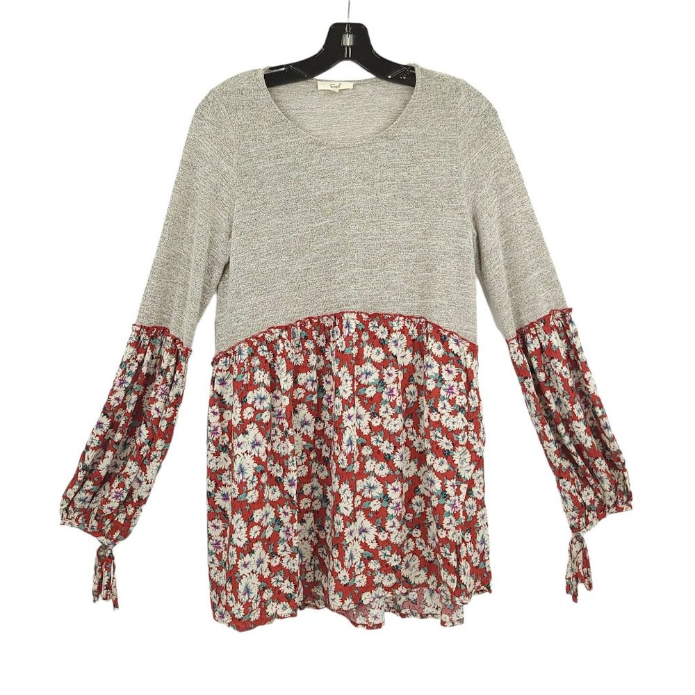 Easel Long Sleeve Knit Floral Tunic Top Womens Size Small Tie Sleeves Gray Red